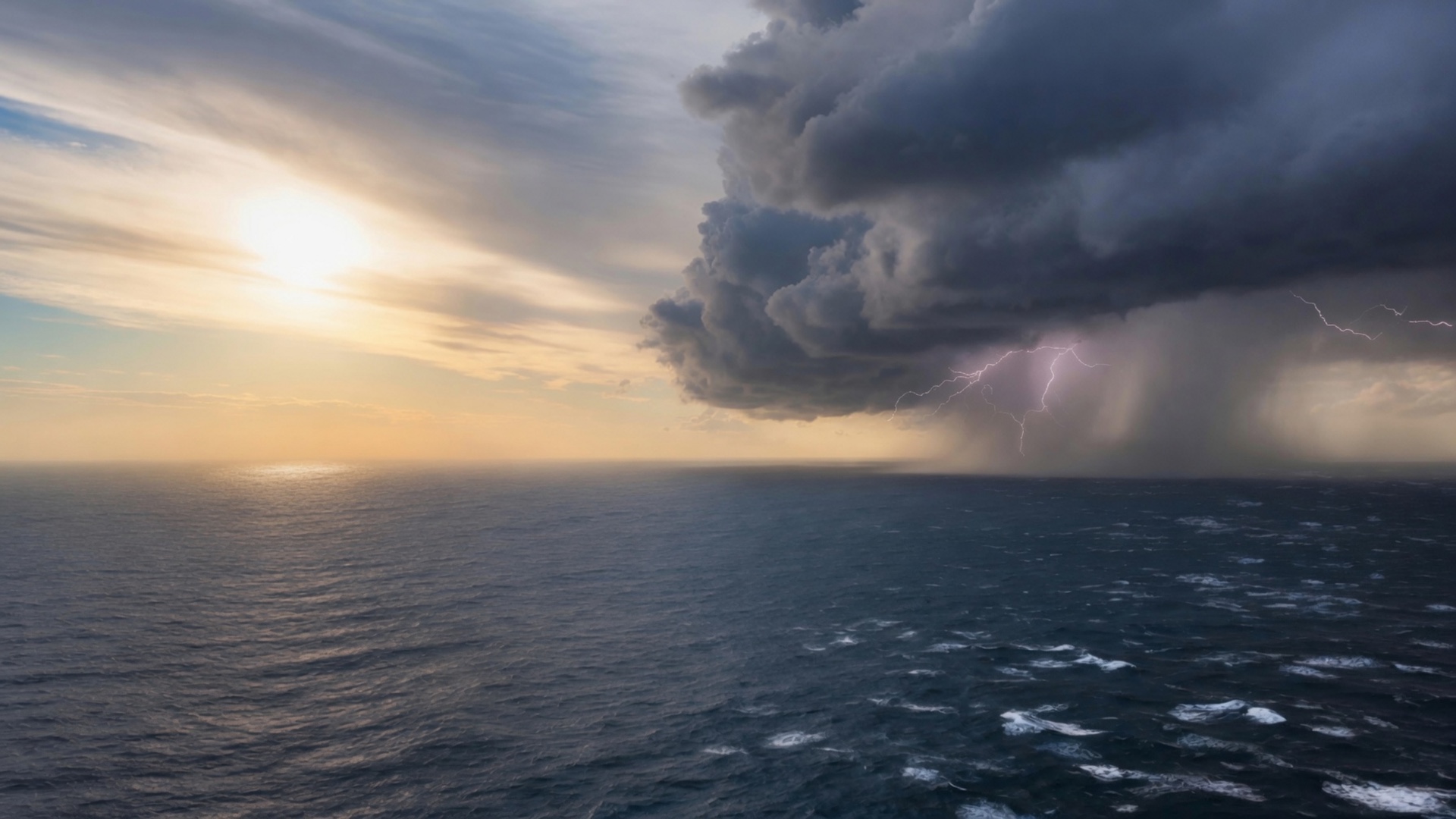 Une mer Atlantique sombre entre soleil couchant et orage, avec des éclairs à l’horizon